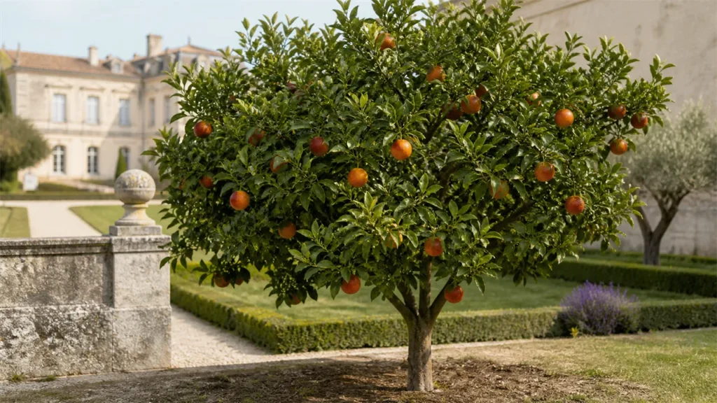 Mature Tarocco blood orange tree planted in open ground in a heritage Mediterranean orchard, with five ripe fruits naturally spaced through the canopy in winter light.