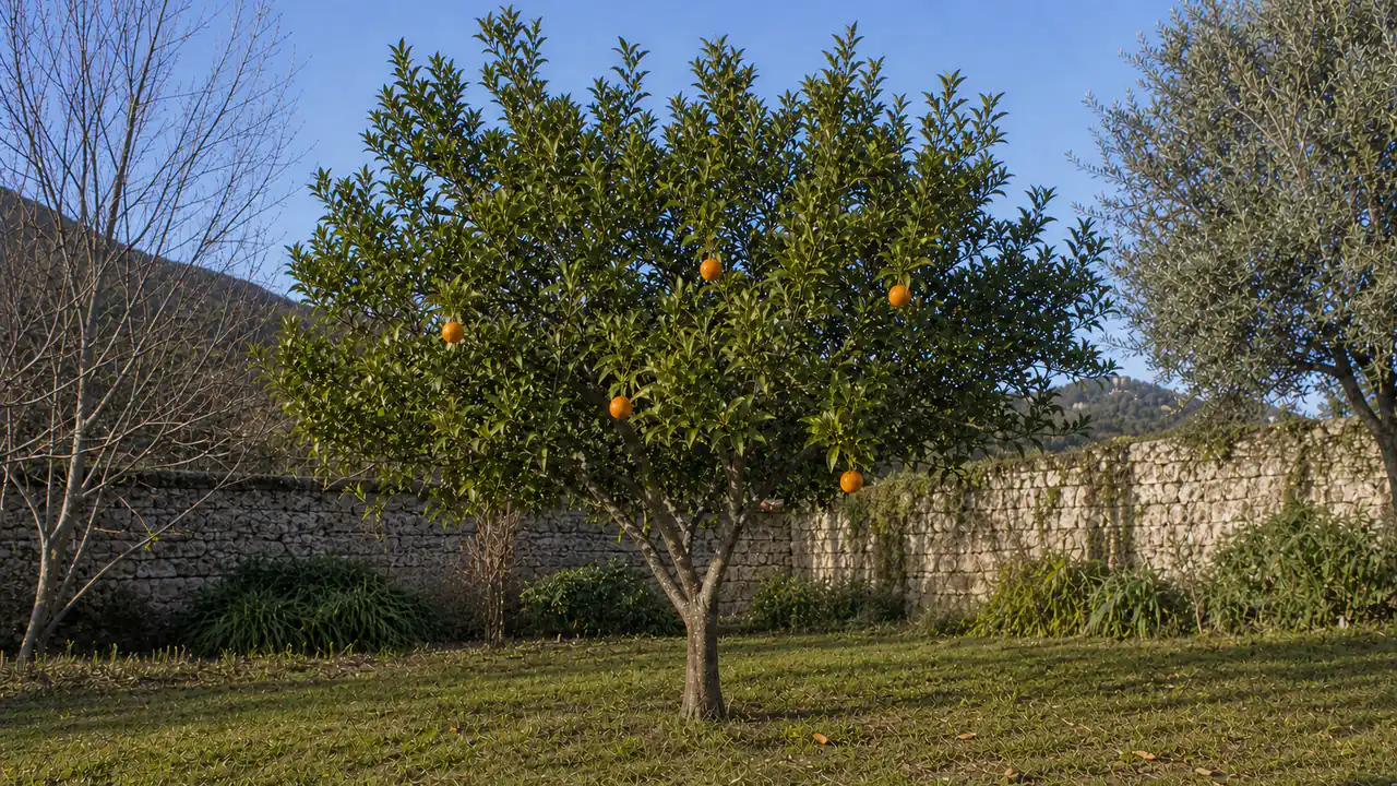 Ausgewachsener Tarocco-Blutorangenbaum, ausgepflanzt in einem historischen mediterranen Obstgarten, mit fünf reifen Früchten natürlich in der Krone verteilt, im Winterlicht.