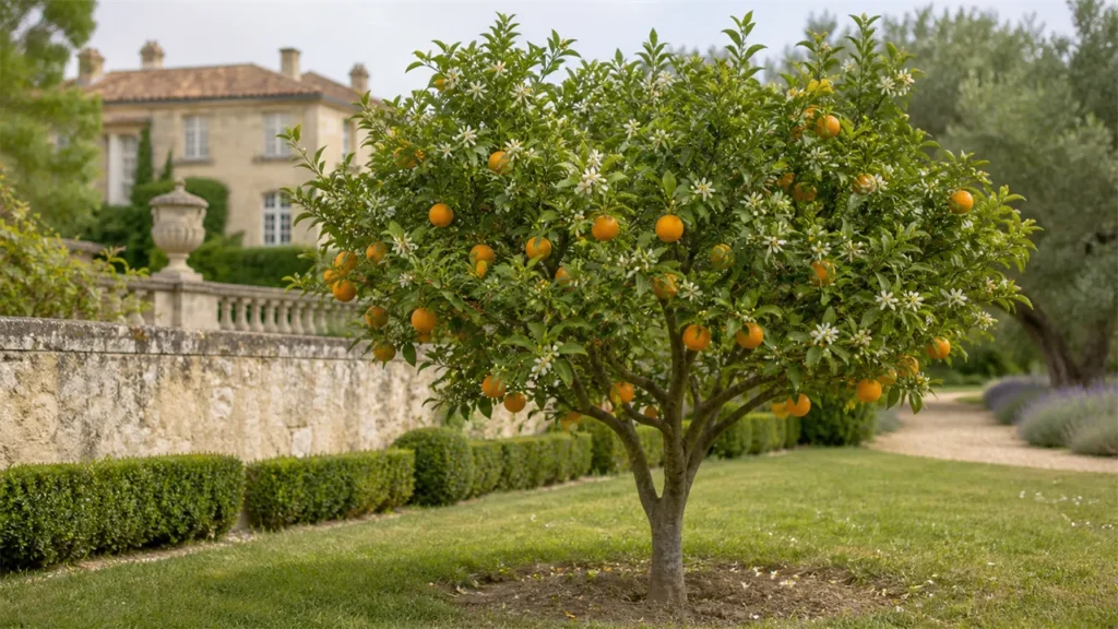 Whole Valencia Late orange tree planted in open ground in the estate orchard, bearing a moderate crop of oranges at varied stages of colouring