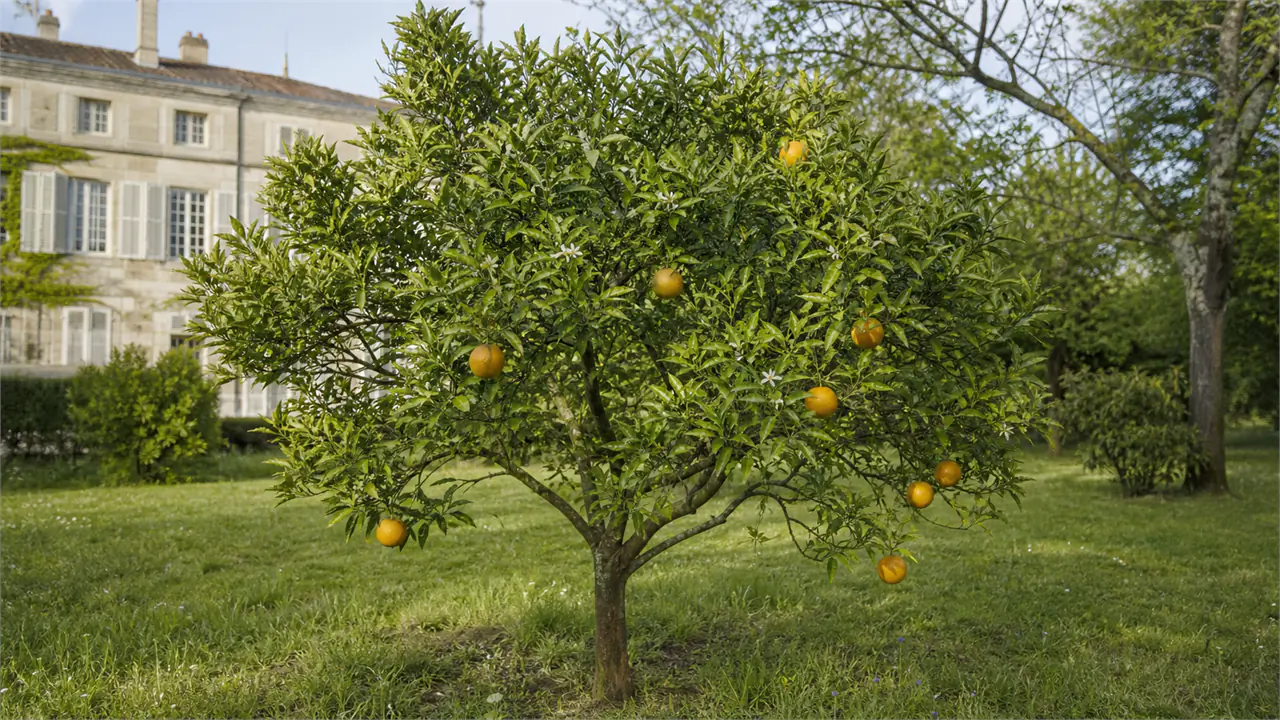 Oranger Valencia Late entier planté en pleine terre devant le domaine, avec des oranges à différents stades de coloration