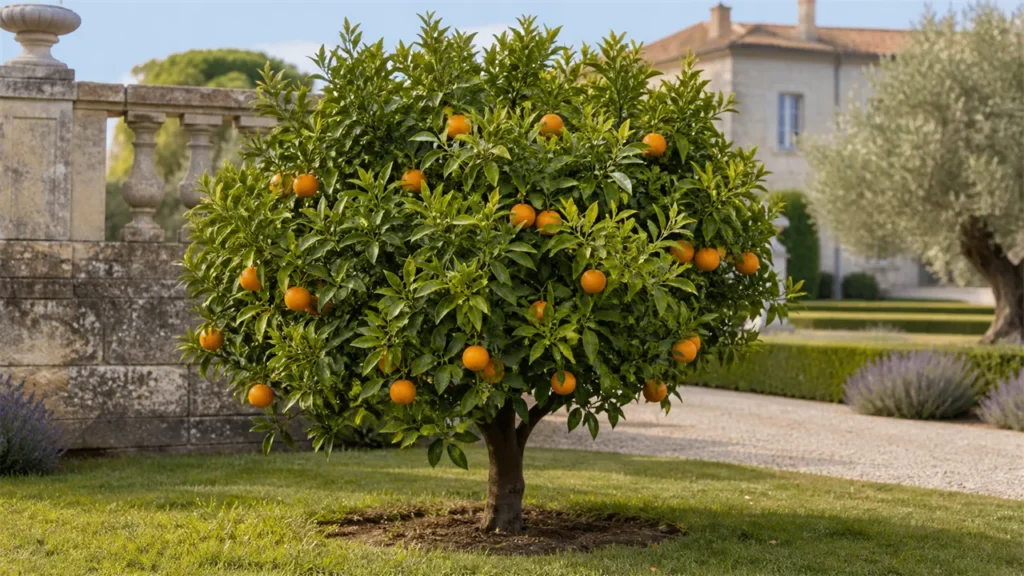 Whole Washington Navel orange tree planted in open ground, carrying a moderate crop of naturally oriented oranges of varied sizes in the estate orchard