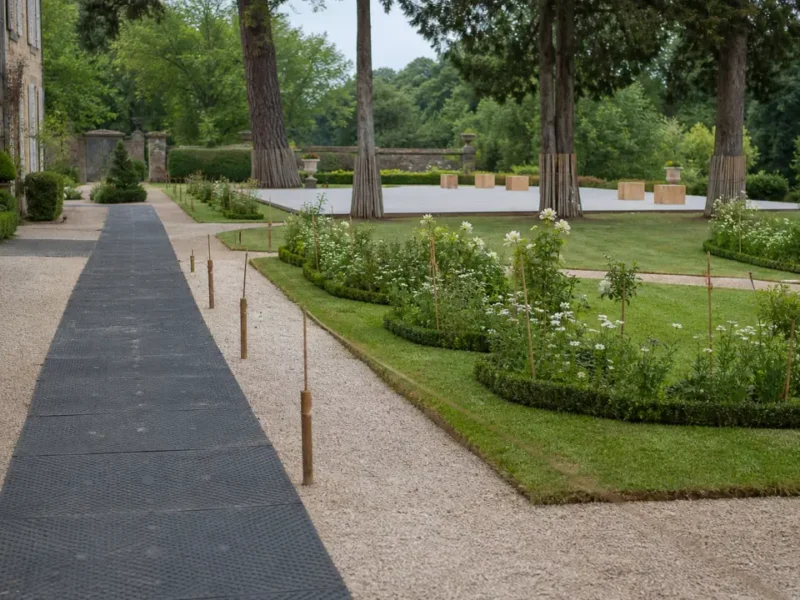 Jardin de réception préparé avec cheminement protégé, pelouse préservée et zones racinaires balisées avant un mariage