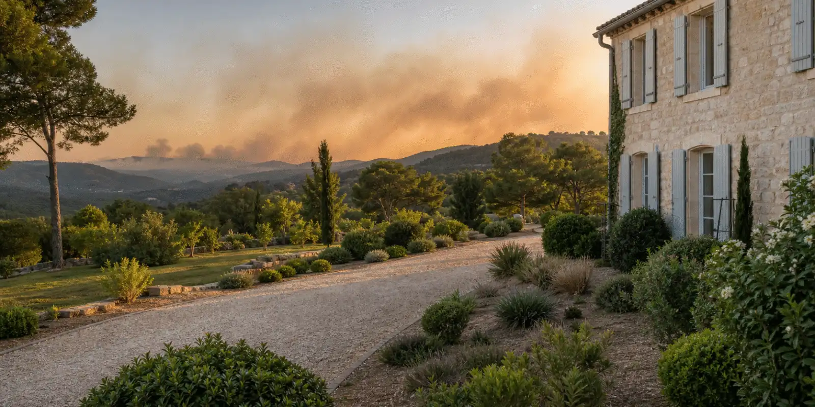 Gepflegter mediterraner Garten mit Kieszone vor einem Steinhaus und Rauch in der Ferne