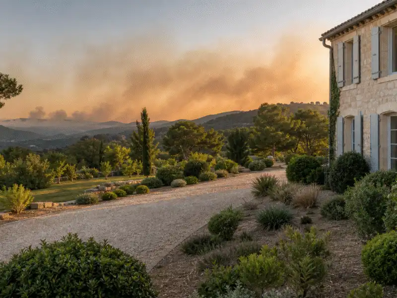 Jardin méditerranéen débroussaillé autour d’une demeure en pierre face à un feu lointain
