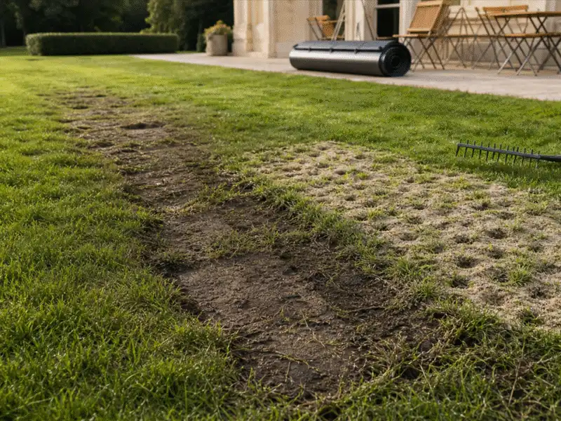 Illustration de jardin de caractere pour Réparer un gazon après une soirée match : diagnostic 24 h, décompactage et regarnissage