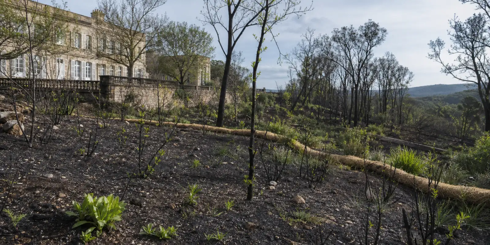 Fire-darkened estate garden soil with green shoots and erosion-control wattles