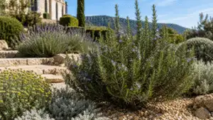 Elegant outdoor garden design with terrace, structure and planting