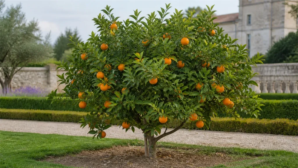 Whole Clausellina satsuma tree planted in open ground in the estate orchard, with a compact natural crown and a moderate irregular crop of small-to-medium orange, yellow-green and green fruit.