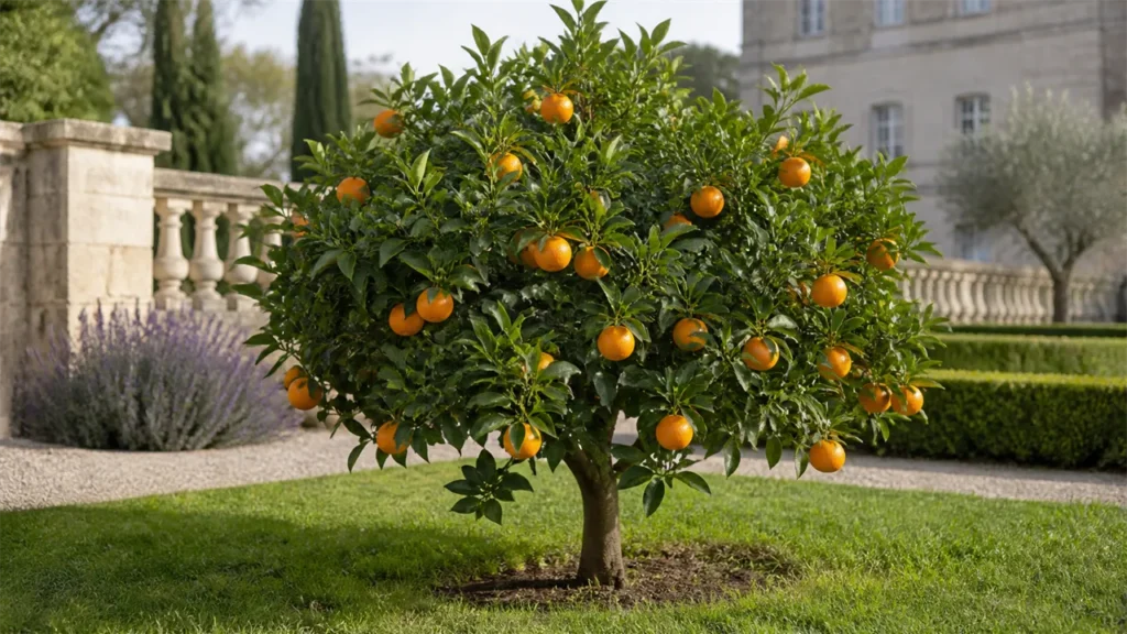 Whole Imamura satsuma tree planted in open ground in the estate garden in late autumn, with a rounded natural crown and a restrained irregular crop of orange and partly green fruit.