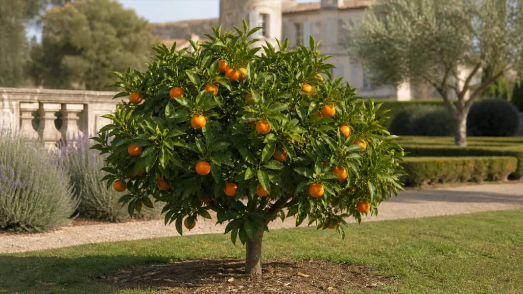 Whole Iwasaki satsuma tree planted in open ground in the estate garden, carrying flattened, easy-peel fruit colouring early in autumn.