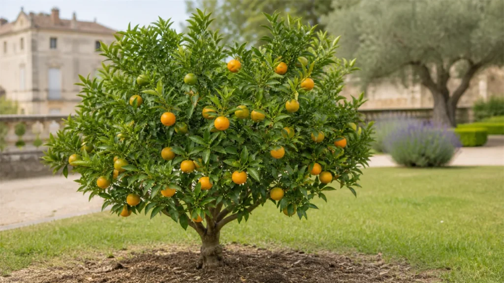 Whole Miyagawa Wase satsuma tree planted in open ground in the estate garden, featuring a balanced crown and a modest crop of slightly flattened orange fruit in autumn light.