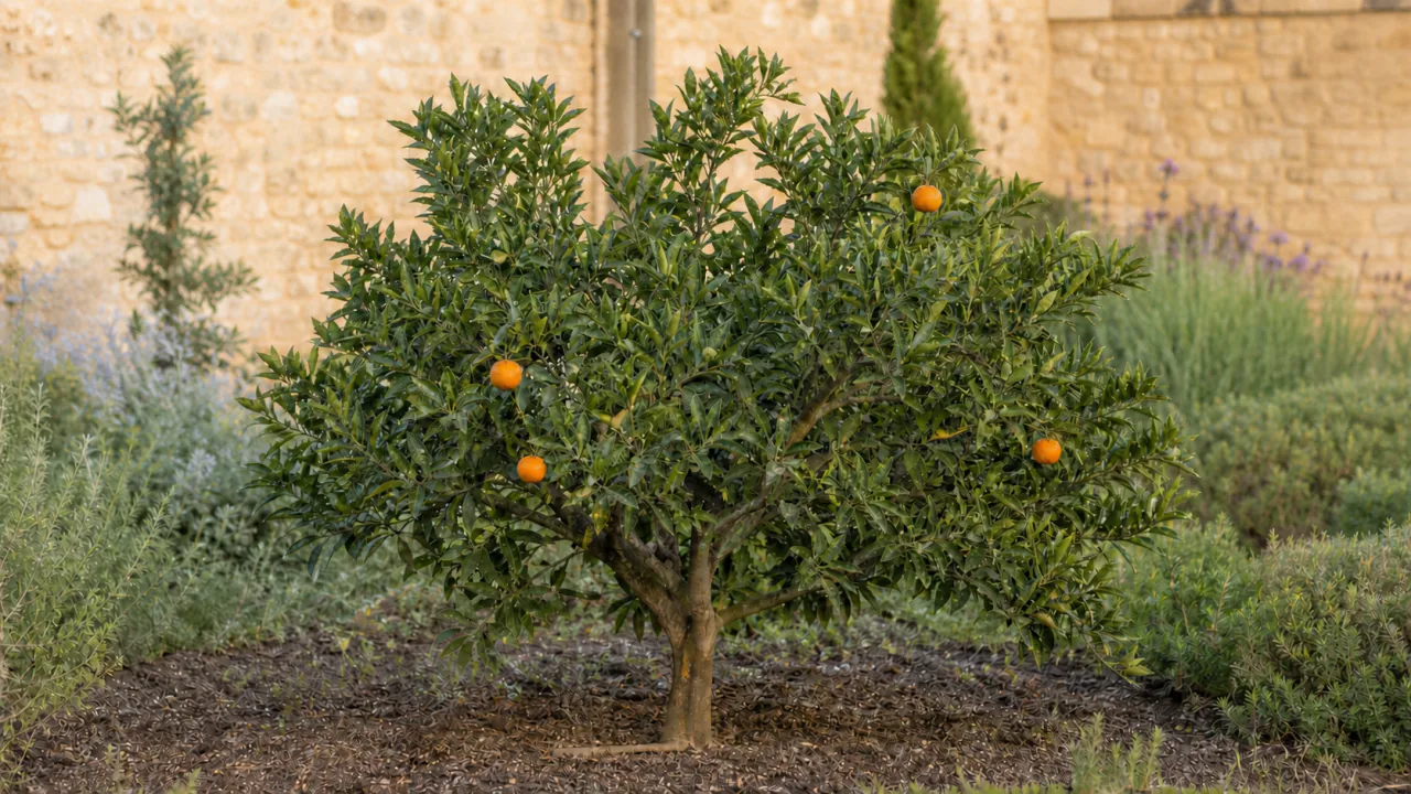 Vollständiger Miyagawa-Wase-Satsumabaum im Boden des historischen Gartens mit kompakter, ausgewogener Krone und wenigen leicht abgeflachten orangefarbenen Früchten.