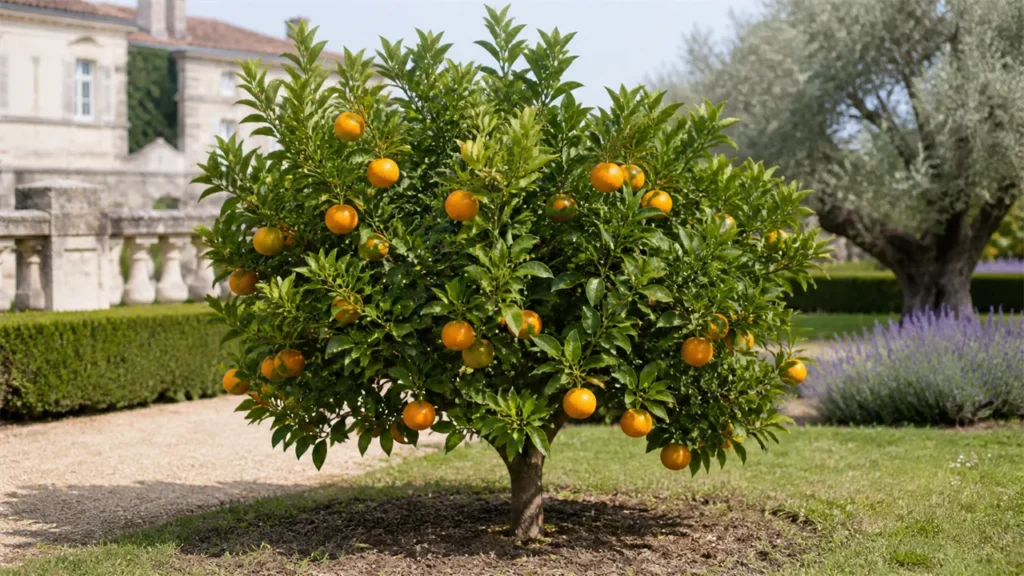 Whole Okitsu Wase satsuma tree planted in open ground in the estate garden, with a vigorous natural canopy and a moderate irregular crop of slightly flattened, early-colouring fruit.