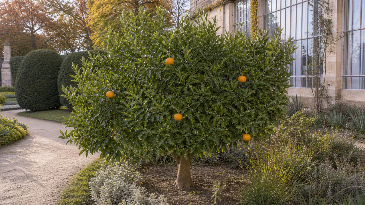 Vollständiger Okitsu-Wase-Satsuma-Baum, im Garten des Anwesens in gewachsenen Boden gepflanzt, mit natürlicher kräftiger Krone und mäßigem, unregelmäßigem Behang leicht abgeflachter, früh färbender Früchte.