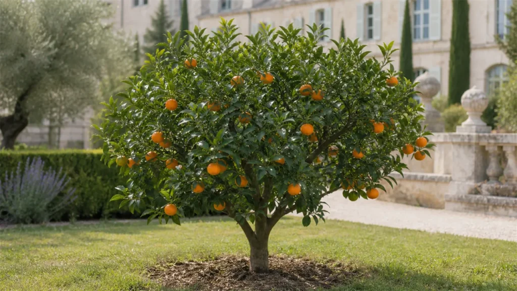 Whole Owari satsuma tree planted in open ground in the estate garden, with a spreading, gently drooping habit and a moderate crop of flattened orange fruit.