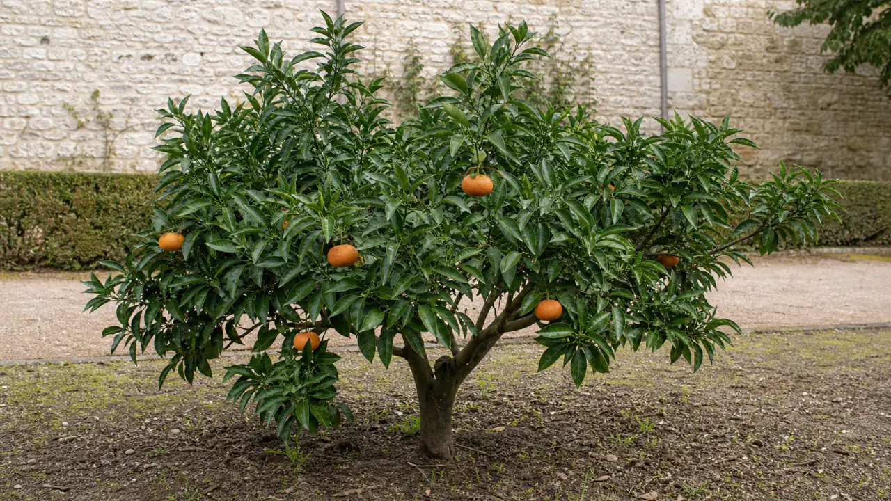 Pom satsuma Owari întreg, plantat direct în sol în grădina patrimonială a domeniului, cu port larg și ușor pendent și o încărcătură moderată, neregulată, de fructe portocalii puțin turtite, aflate în stadii diferite de maturare.