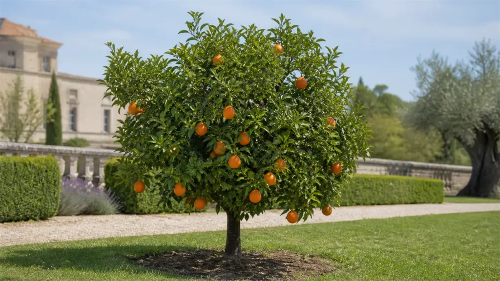Whole Minneola tangelo tree planted in open ground with a few red-orange fruits showing visible stem-end necks