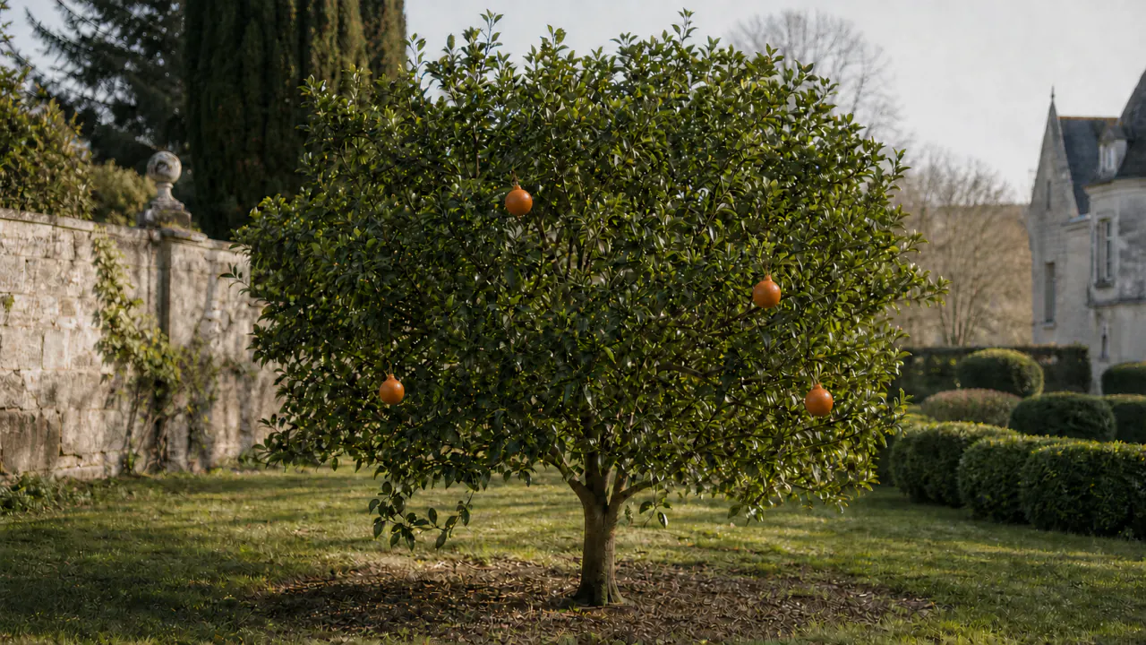 Árbol de tangelo Minneola entero en plena tierra con unos pocos frutos rojo-anaranjados y cuello peduncular visible