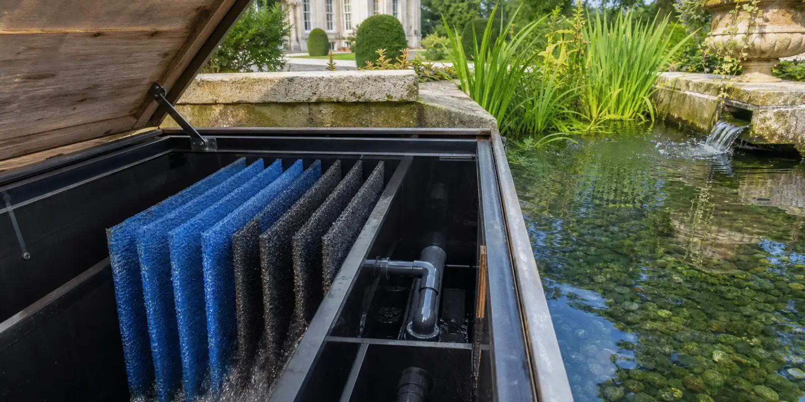 Tapis japonais bleu installé dans un filtre de bassin de jardin