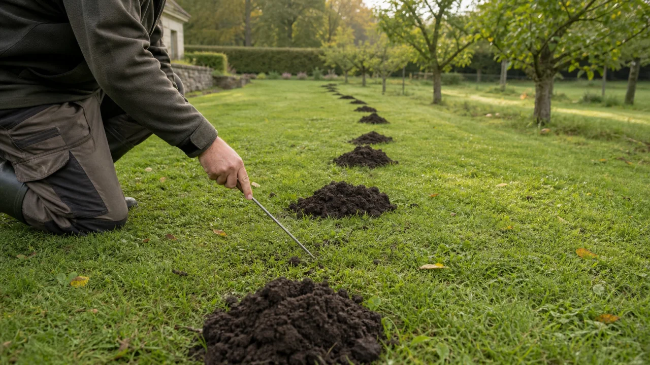 Frische Maulwurfshügel auf einer Anwesenwiese sind zur Beobachtung aktiver Gänge markiert
