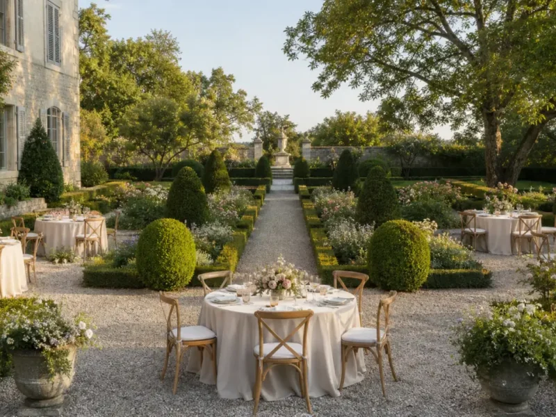 Réception de mariage installée dans un jardin formel de domaine avec tables rondes, allée de gravier et topiaires taillées
