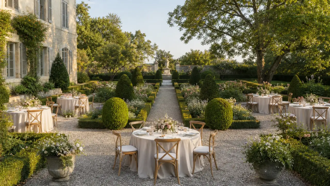 Wedding reception tables arranged in a formal country-house garden with a gravel axis and clipped topiary