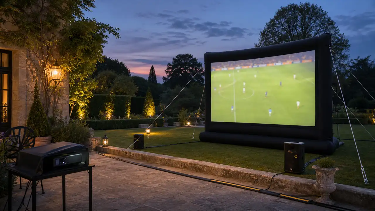 Écran extérieur préparé pour diffuser un match au jardin