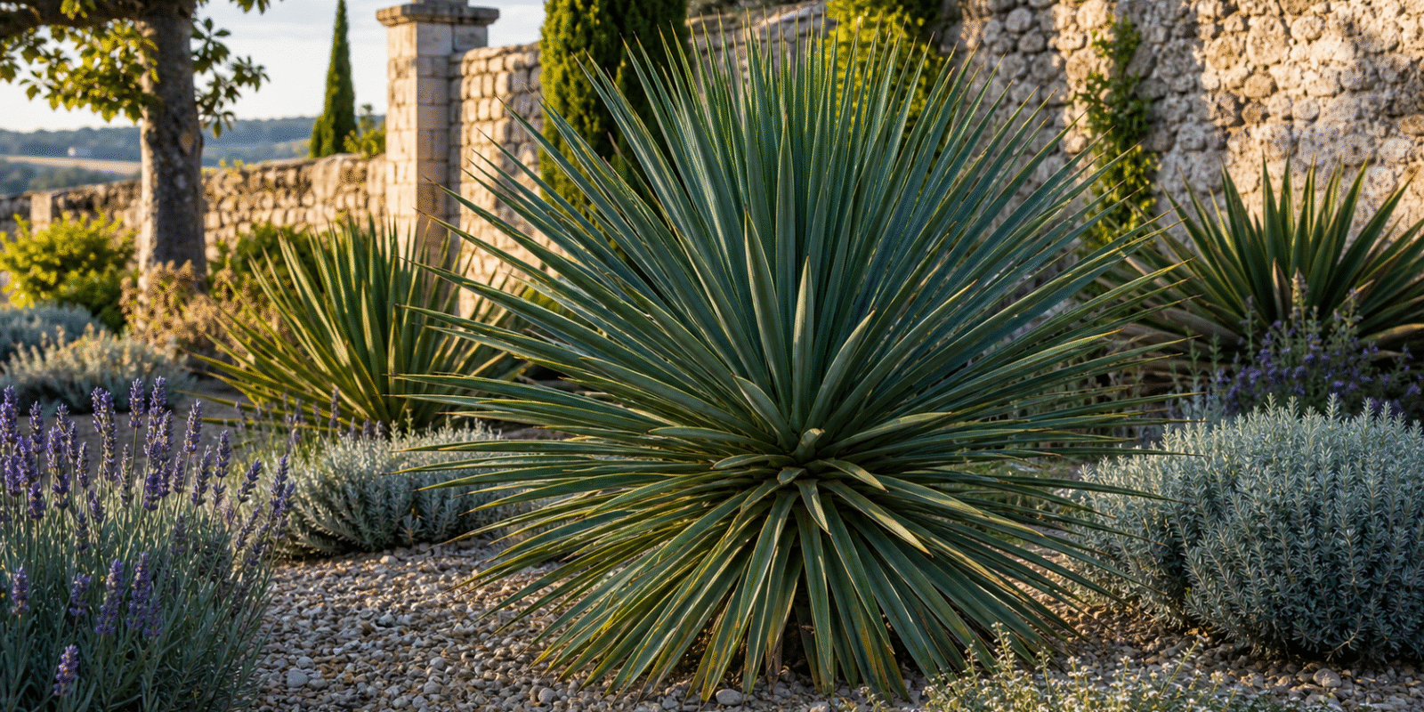 Yucca arhitecturala intr-o grădină uscata de castel