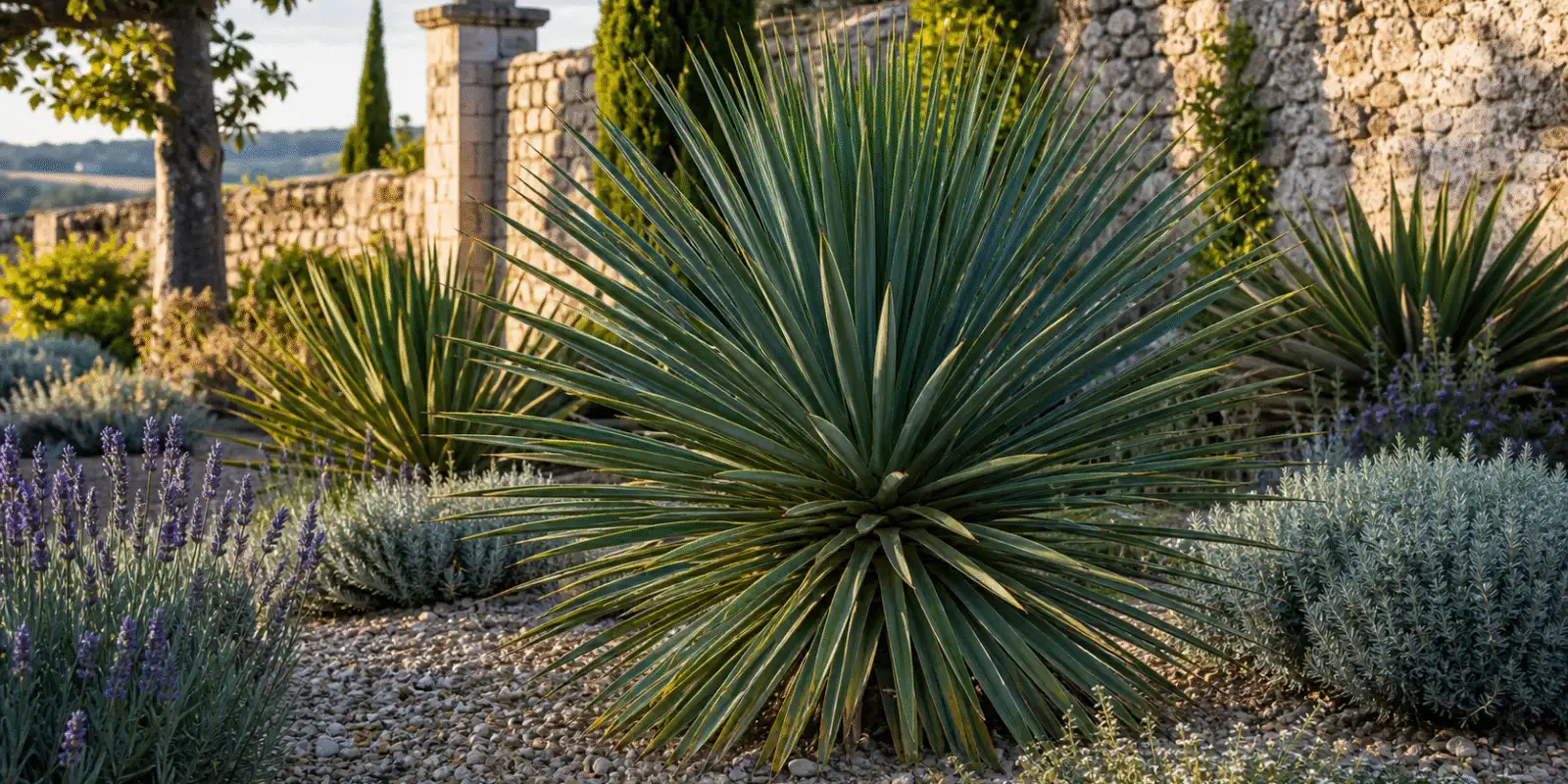Yucca arhitecturala intr-o grădină uscata de castel
