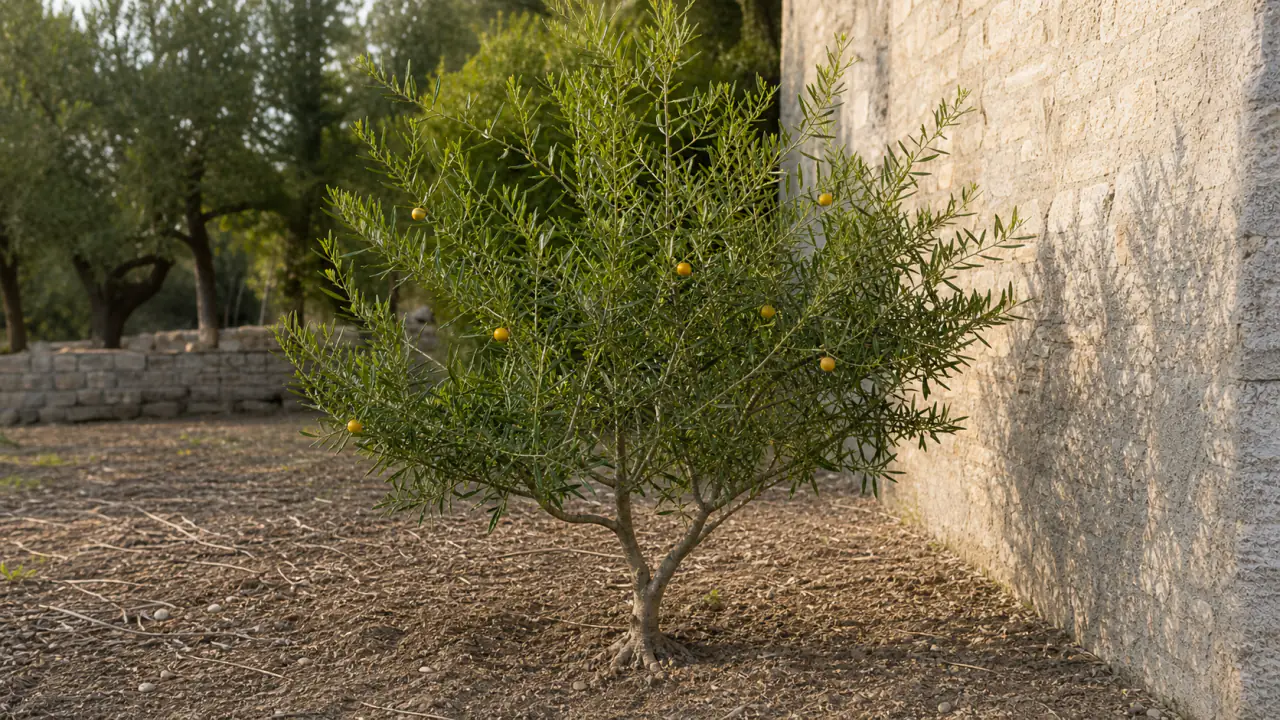 Ganzer kräftiger Eremolemon-Baum im Garten mit einfachen Blättern und wenigen kleinen gelben abgeflachten Früchten