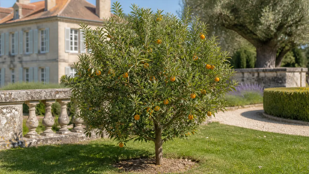 Ganzer wild wirkender Eremorange-Baum im Garten mit wenigen kleinen unregelmäßigen gelborangen Früchten