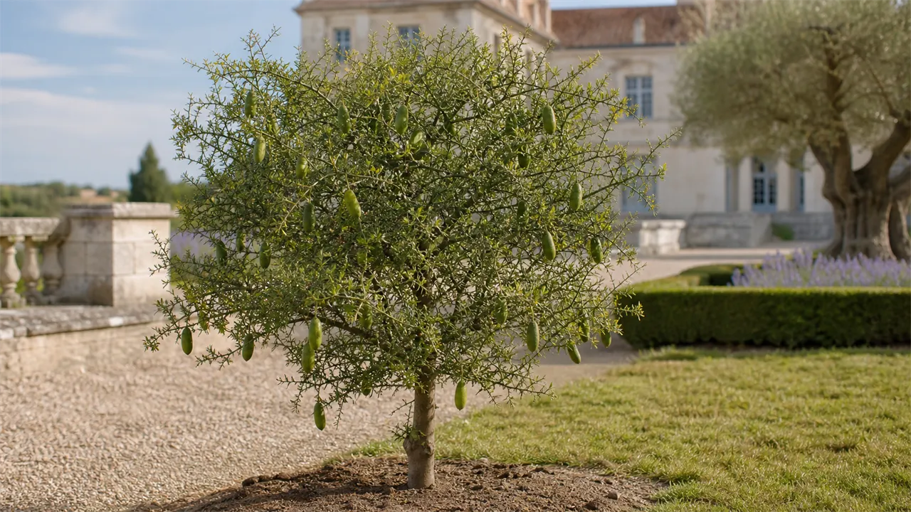 Whole vigorous thorny Faustrime shrub in an estate garden bearing long fruit and pale green juice pearls