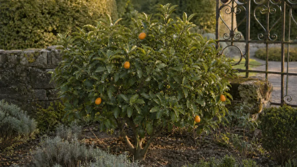 Whole mature Fukushu kumquat tree planted in open ground in a heritage garden, bearing a moderate crop of relatively large round-to-obovate orange fruit among broad separate leaves.