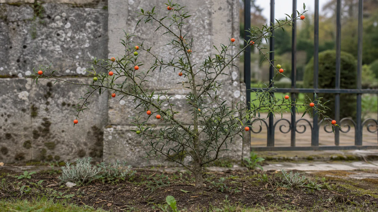 Whole mature Hong Kong kumquat tree planted in open ground in a heritage garden, with a dense thorny crown, very small separate leaves and a moderate crop of tiny round orange fruit.