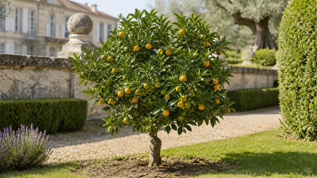 Whole mature Meiwa kumquat tree planted in open ground in a heritage garden, bearing a moderate crop of round orange fruit, with a few cut fruits showing the thick rind.