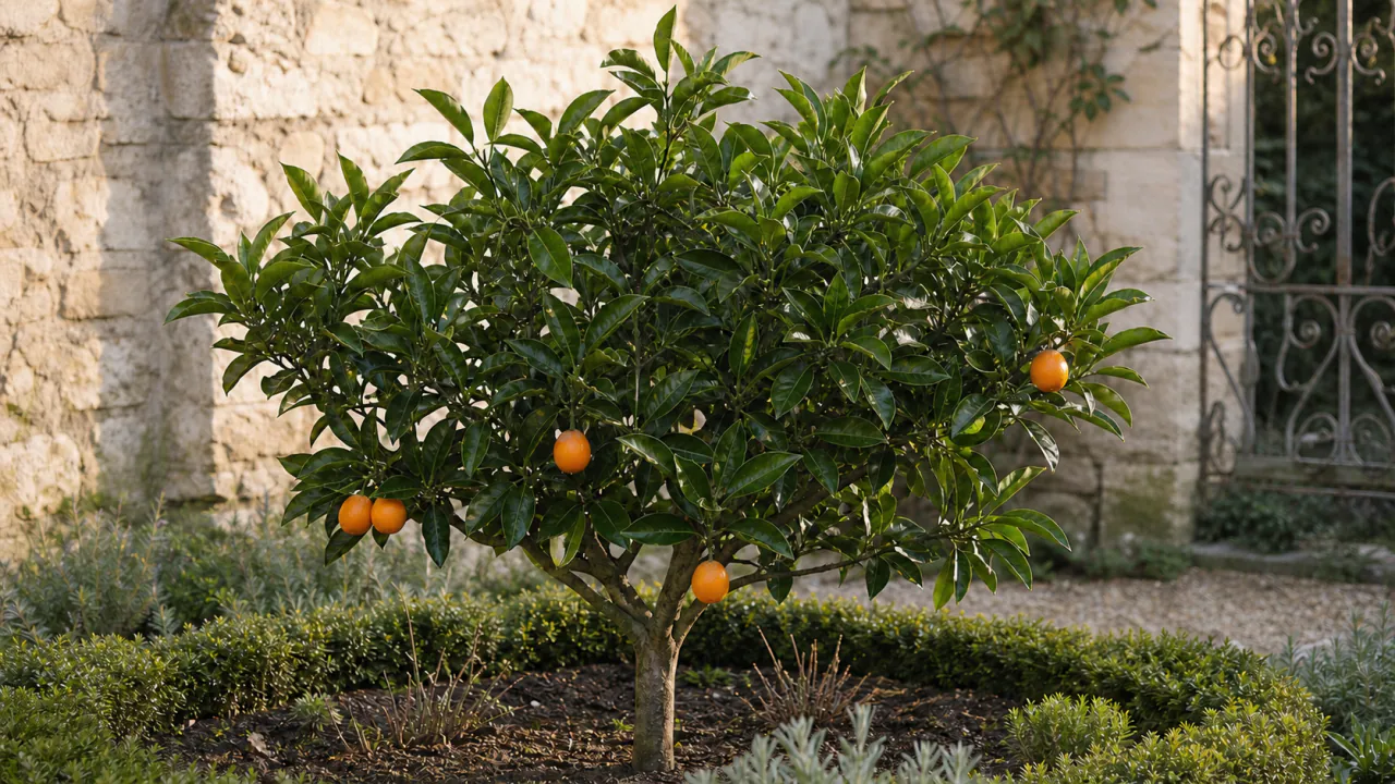 Árbol entero y adulto de kumquat Meiwa plantado en el suelo de un jardín histórico, con una cosecha moderada de frutos redondos anaranjados y algunos frutos cortados que muestran la corteza gruesa.