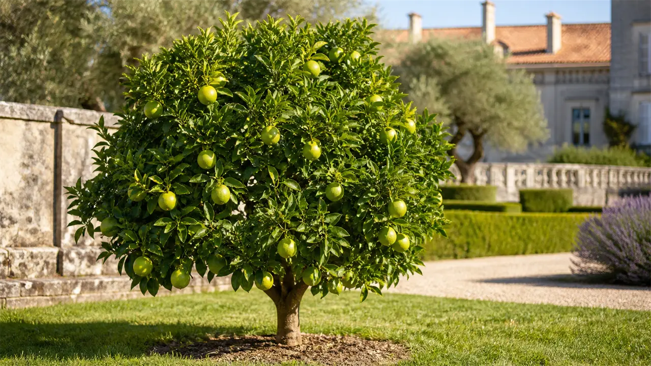 Pom întreg de limetă dulce plantat direct în sol în grădina caldă a domeniului, cu fructe indiene rotunde galben-verzui și frunze bine separate