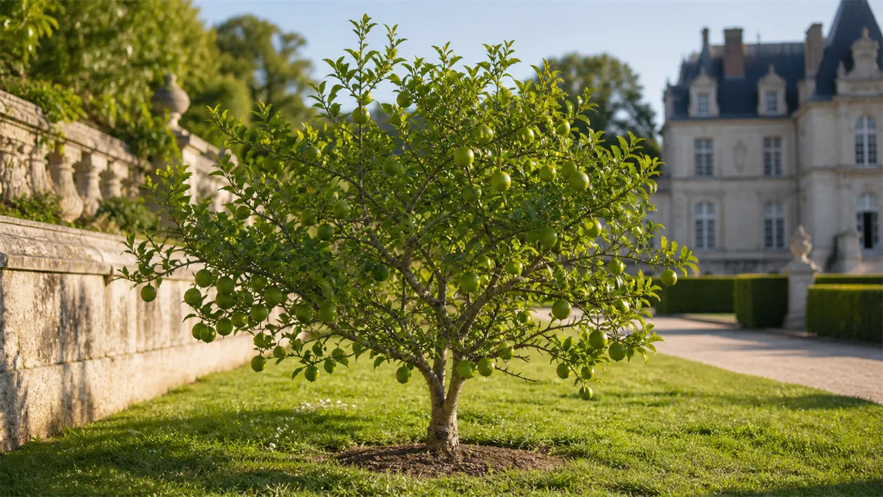 Whole thorny Key lime shrub planted in an estate garden, bearing a moderate crop of small round green fruit and one ripe yellow fruit, with one cut fruit showing abundant juice and pips