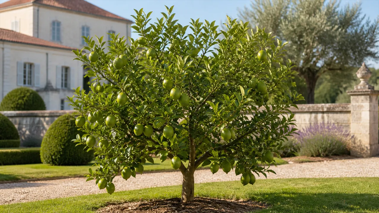 Whole lightly thorned Persian lime tree planted in an estate garden, carrying a moderate crop of medium smooth green fruit, one ripe yellow fruit and one cut juicy seedless fruit