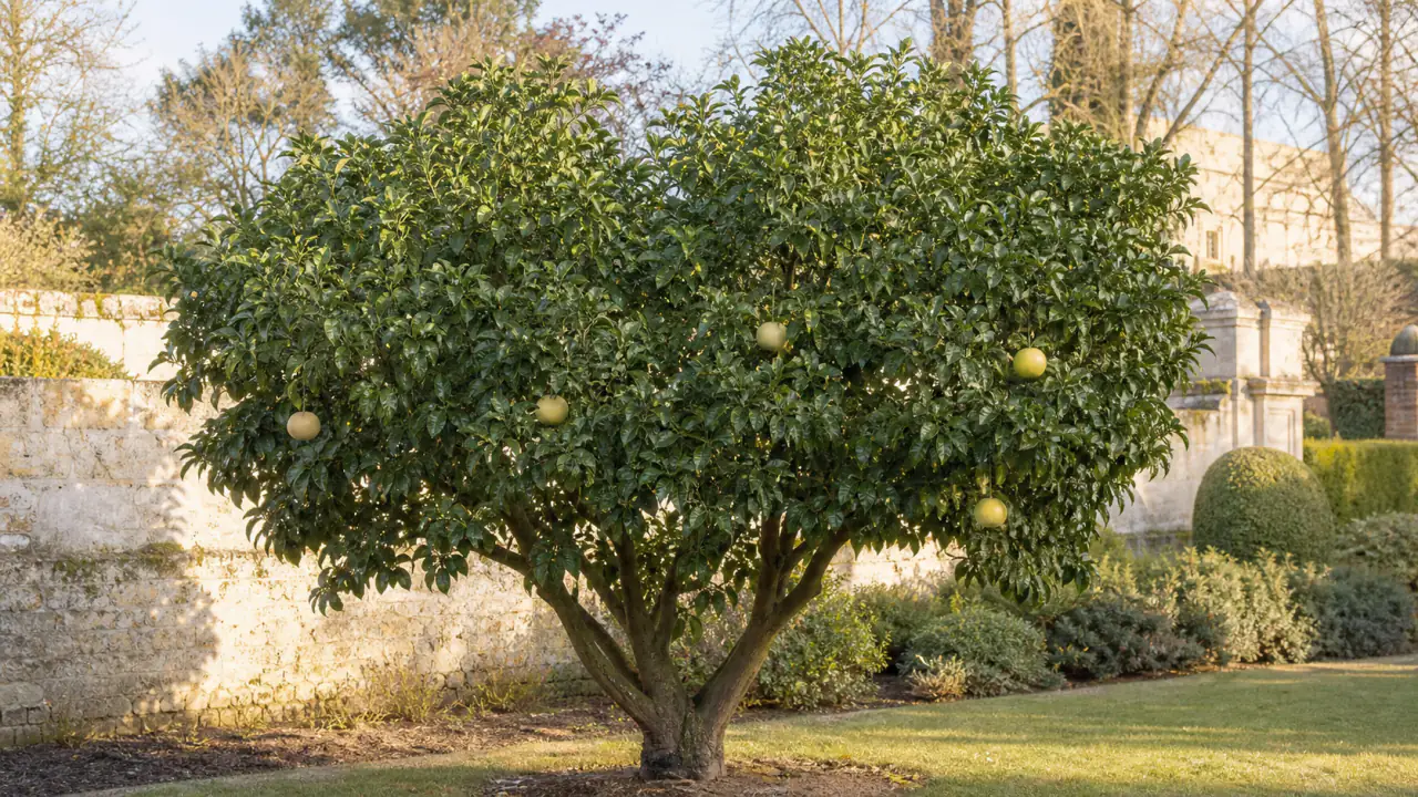 Aufgeschnittene und halbierte Oroblanco-Sweetie-Frucht auf einem Gartentisch mit heller saftiger Pulpe, dicker weißer Innenschale, wenigen sichtbaren Kernen und natürlichen Segmenten.