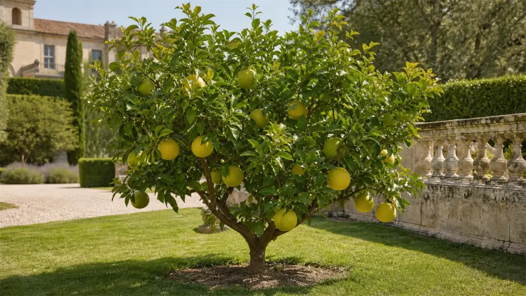True pummelo Citrus maxima fruit cut open and halved on a garden table, showing very thick white pith, large firm segments, a few natural seeds and realistic scale.
