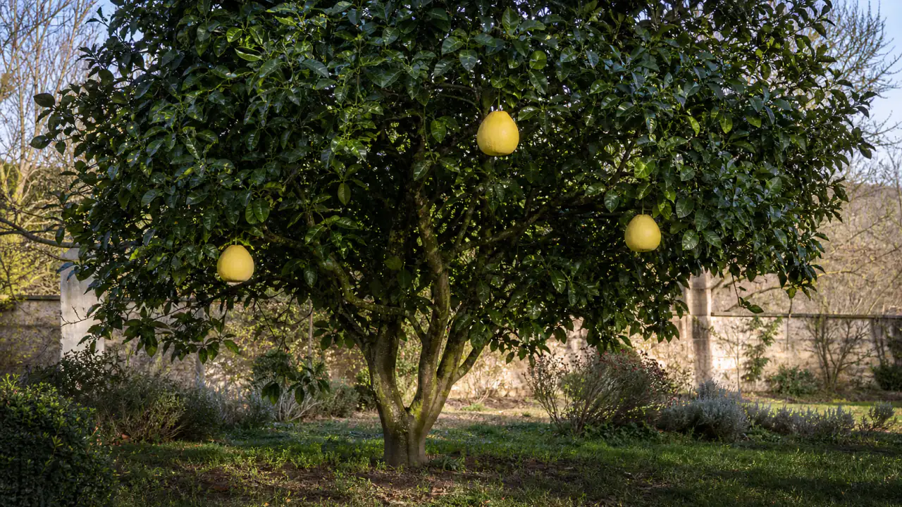 Fruct de pomelo adevărat Citrus maxima deschis, tăiat și înjumătățit pe o masă de grădină, cu strat alb foarte gros, segmente mari și ferme, câteva semințe naturale și scară realistă.