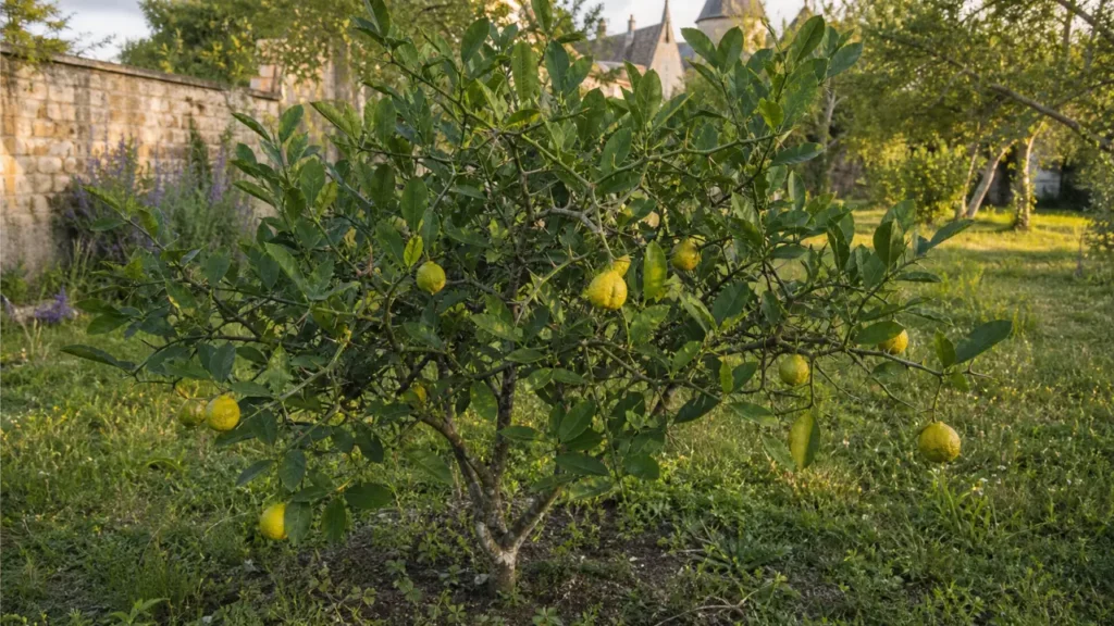 Whole mature Ichang papeda shrub planted in open ground in a heritage garden, with thorny natural branching, very broadly winged petioles and a moderate crop of small yellow-green fruit