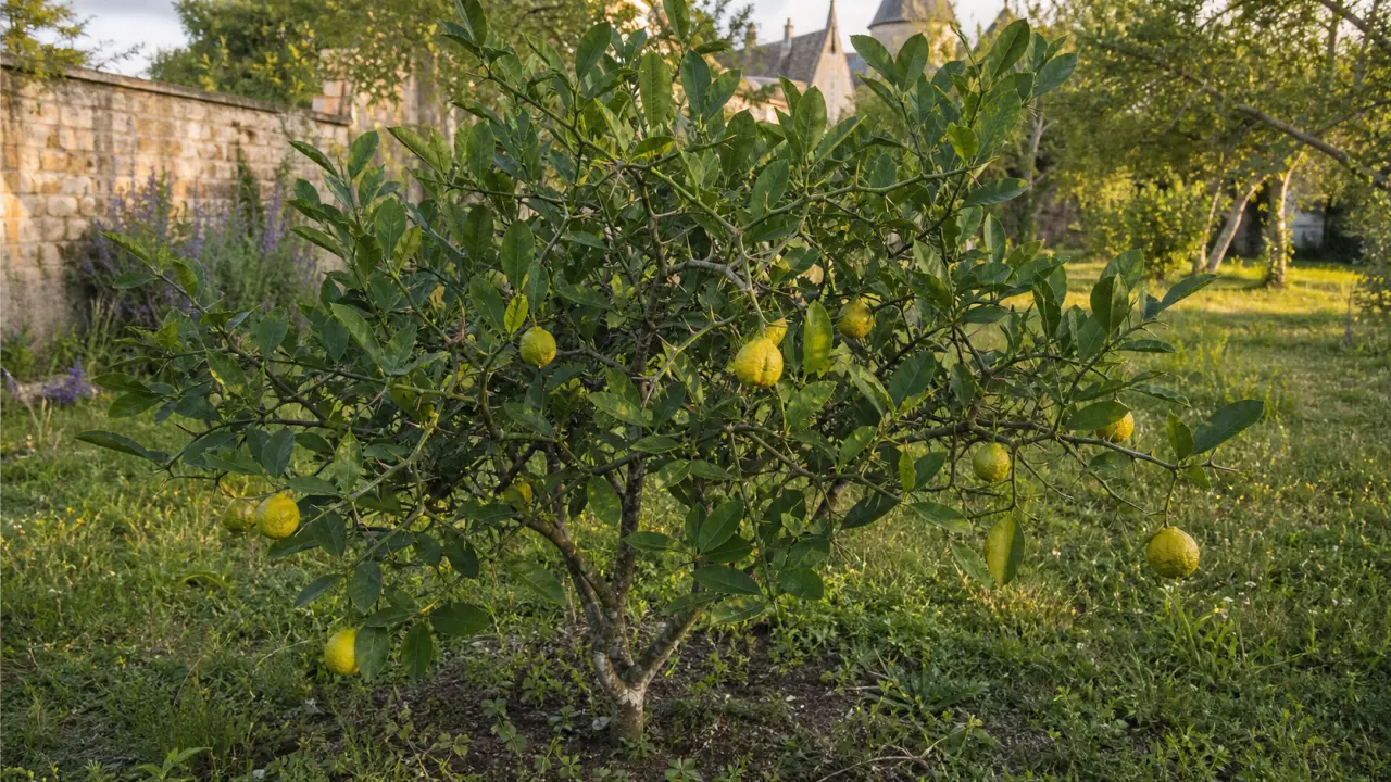 Ganzer ausgewachsener Ichang-Papeda-Strauch, ausgepflanzt in einem historischen Garten, mit natürlicher dorniger Verzweigung, sehr breit geflügelten Blattstielen und mäßigem Behang kleiner gelbgrüner Früchte