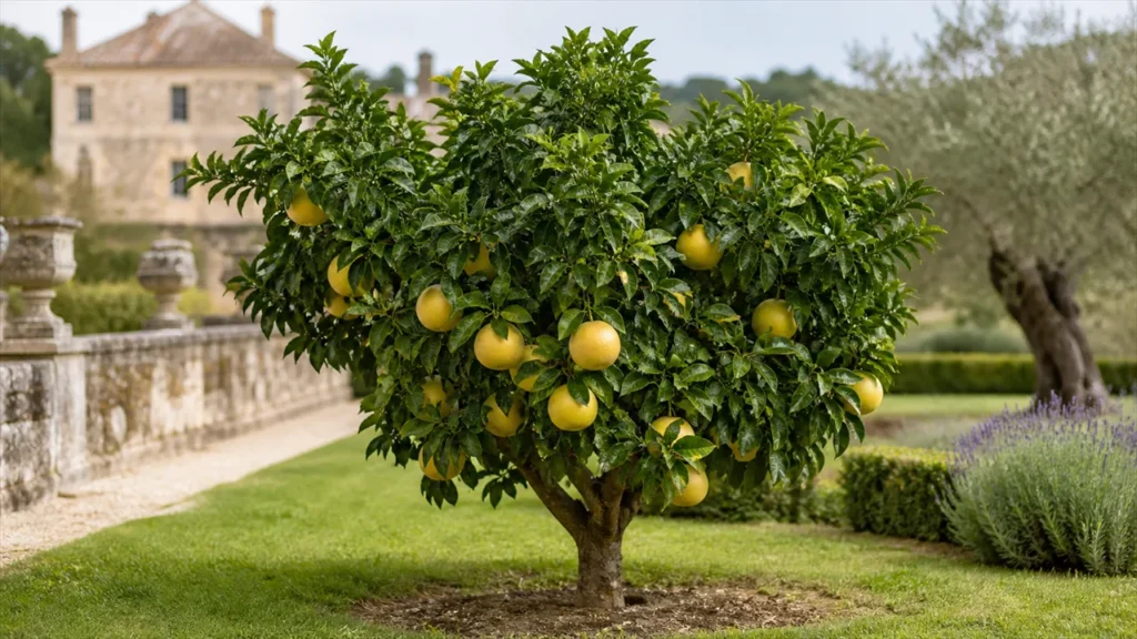Marsh Seedless grapefruit cut open and halved on a garden table, showing pale yellow juicy flesh, almost no seeds and realistic rind thickness.