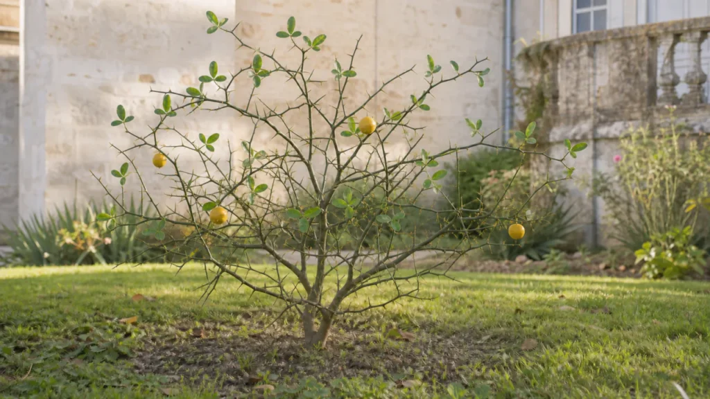 Whole trifoliate orange shrub planted in the estate garden with white flowers on bare green thorny shoots, trifoliate leaves and small downy yellow fruit