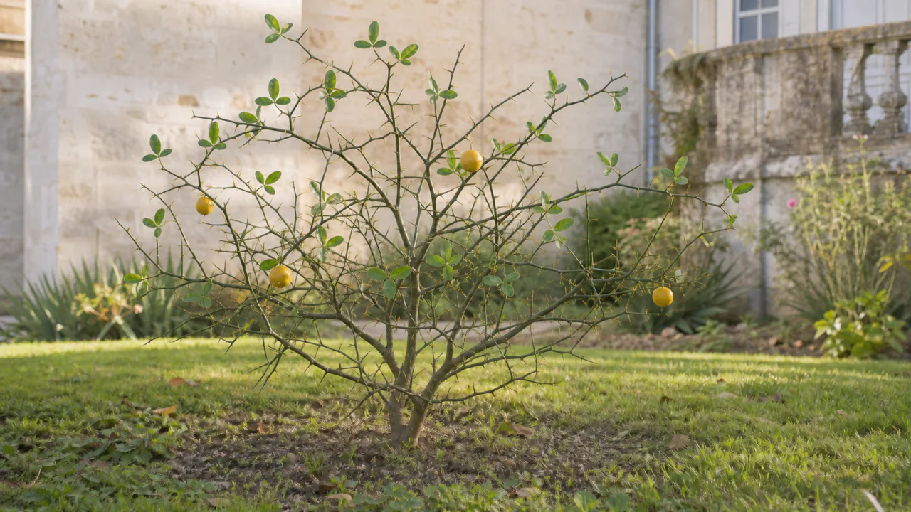 Arbusto entero de naranjo trifoliado plantado en el jardín de la finca con flores blancas sobre ramas verdes espinosas desnudas, hojas trifoliadas y frutos amarillos pequeños pubescentes