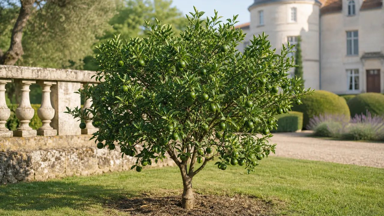 Sudachis petits, ronds à aplatis, à peau verte fine sur l'arbre, avec un fruit coupé très juteux