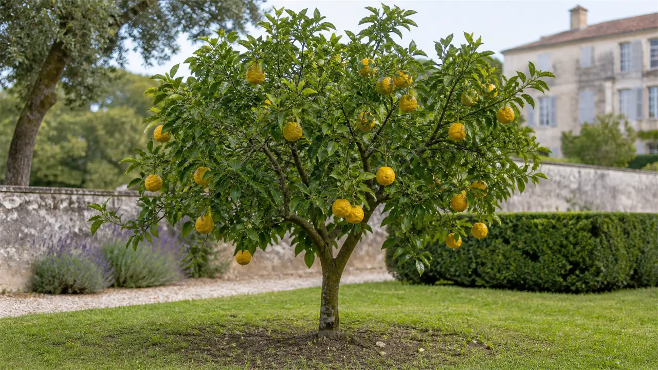 Ausgewachsener Yuzu-Baum in einem historischen Garten mit dornigen natürlichen Zweigen, mäßigem Behang kleiner gelber Früchte mit rauer Schale und einem Fruchtstück, aufgeschnitten, mit vielen Kernen und wenig Saft