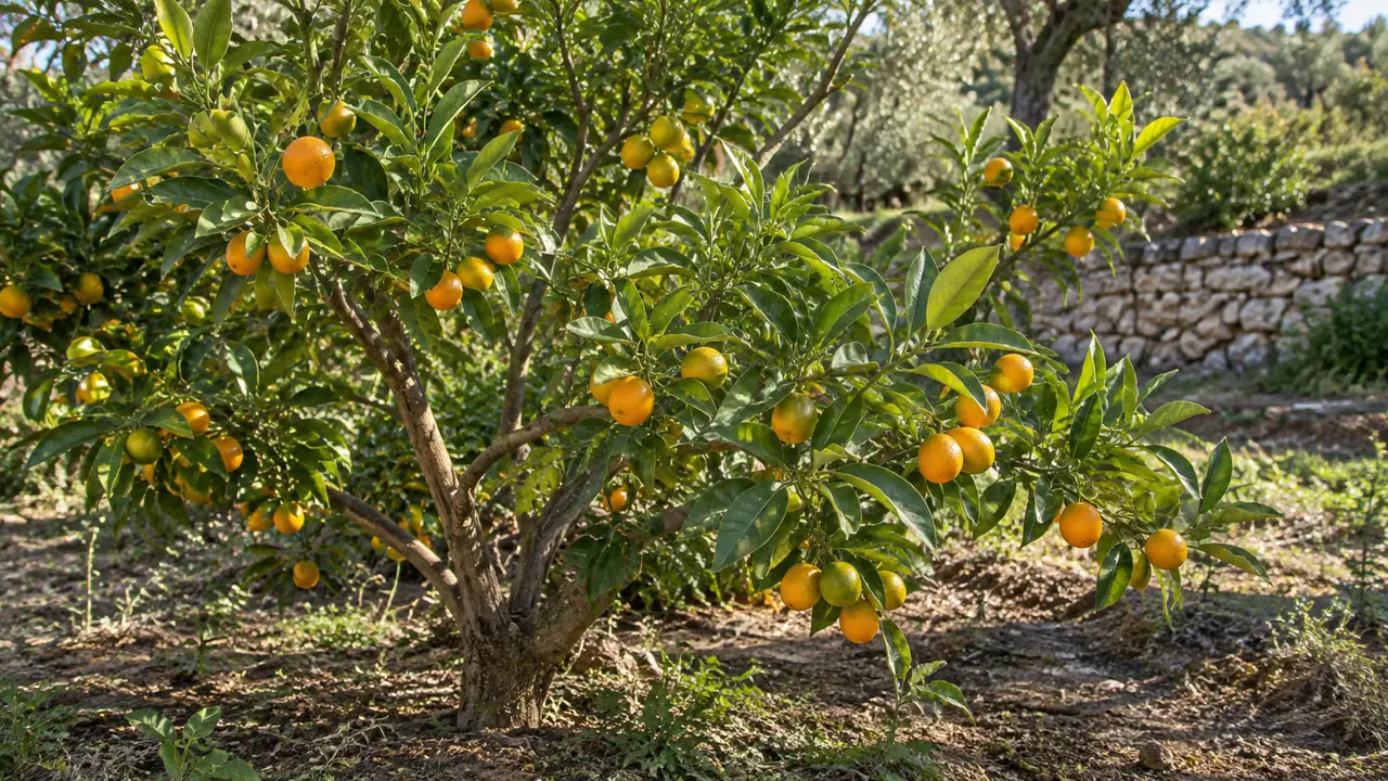 Illustration d'un kumquat Marumi en pleine terre, aux petits fruits arrondis jaune-orangé parmi des feuilles ovales allongées
